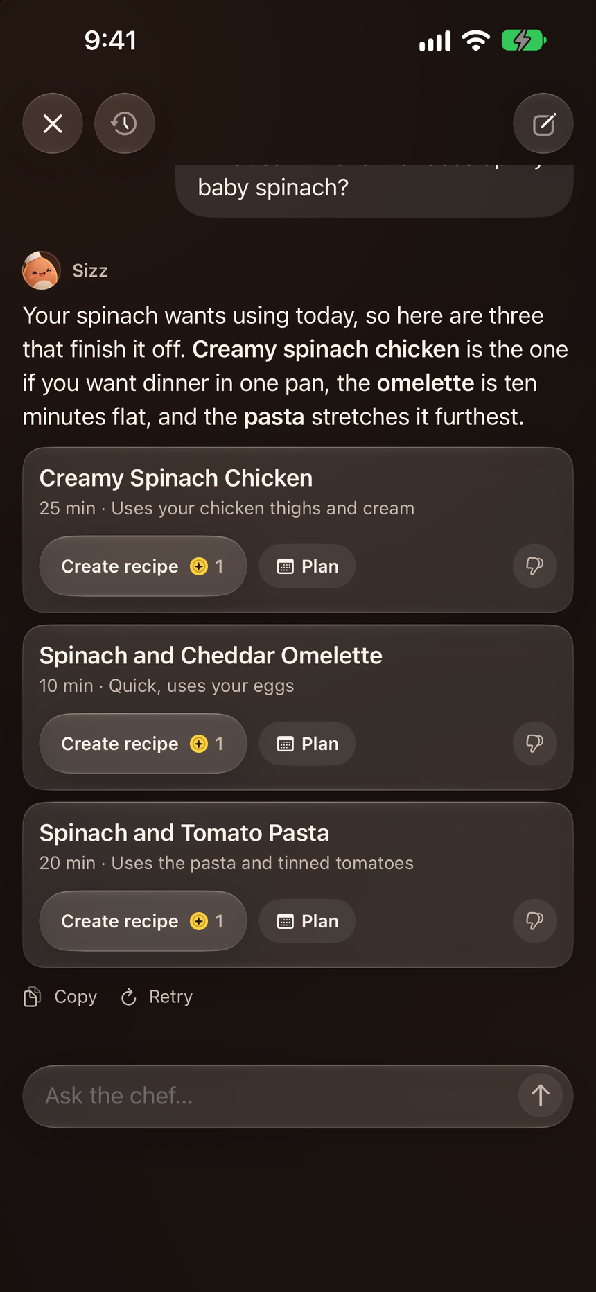 The Sizzlo chef answering a question about baby spinach with three dishes, each one coin to turn into a recipe.