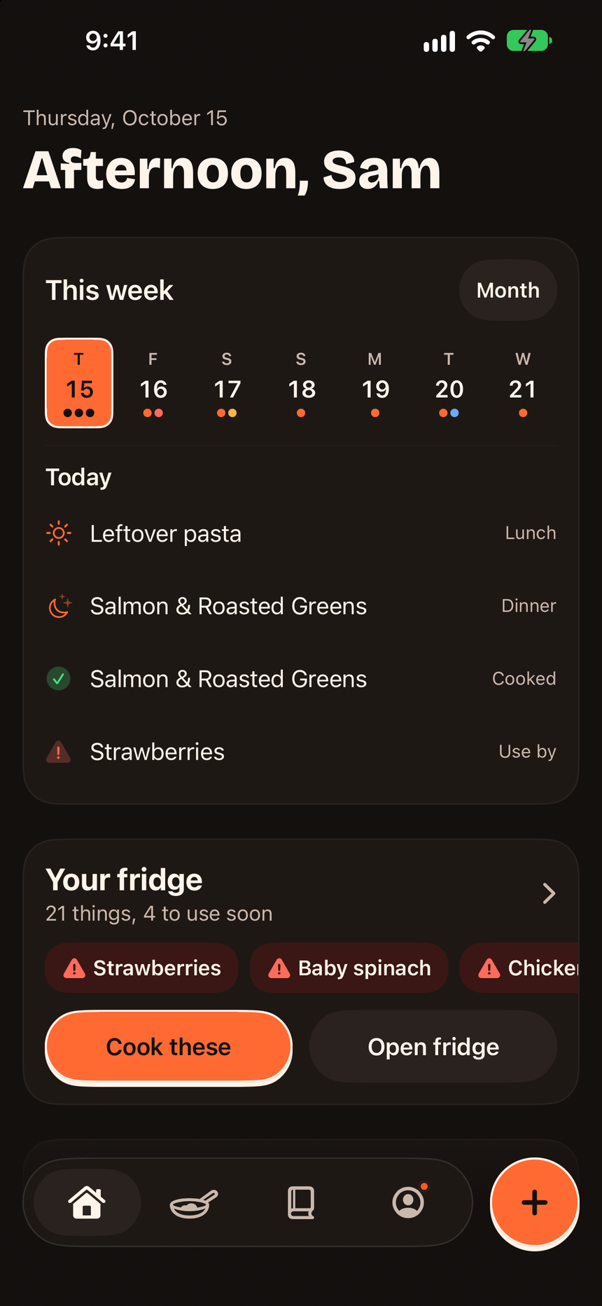 Sizzlo's Home screen: this week's meals on a calendar strip, and the fridge with four things to use soon.