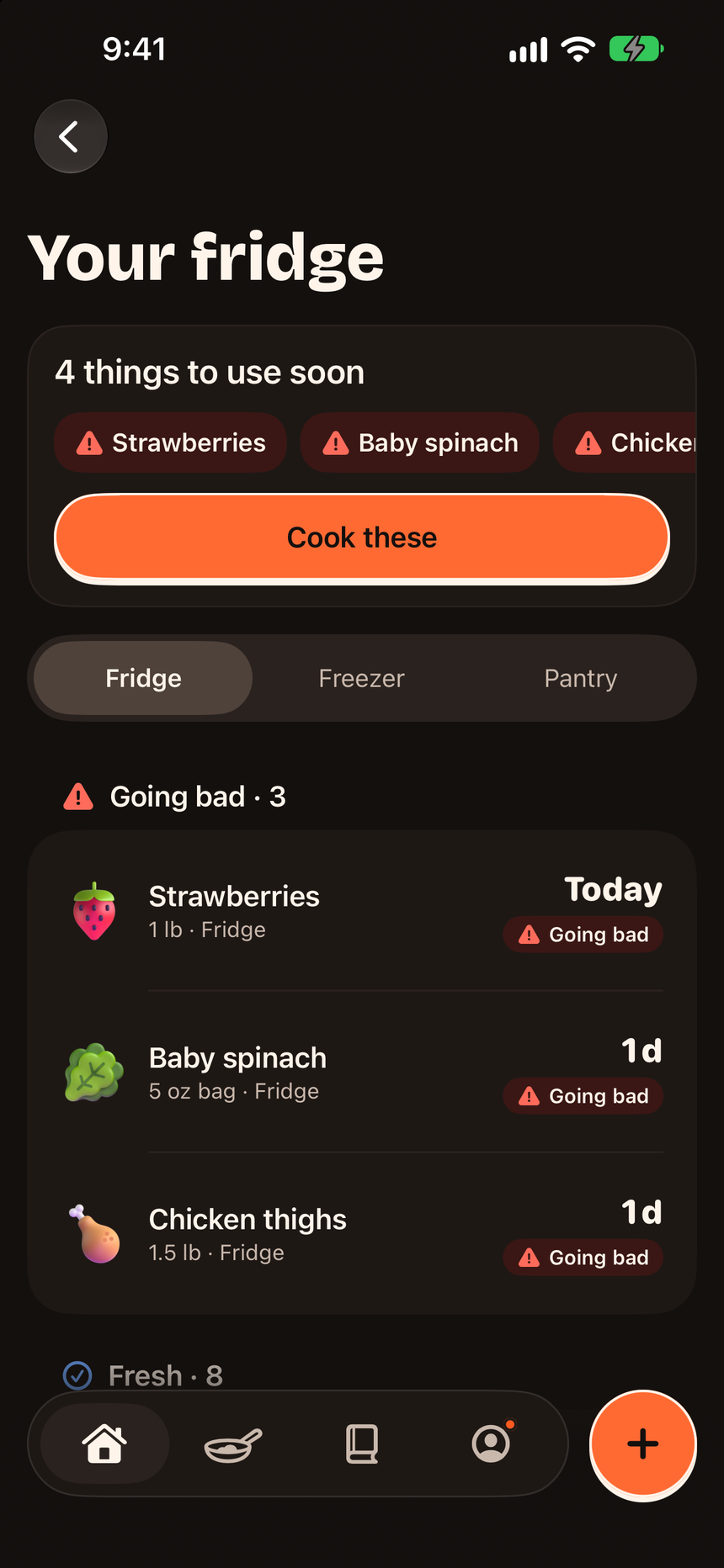 Sizzlo's fridge: four things to use soon, with strawberries, baby spinach and chicken thighs marked Going bad.