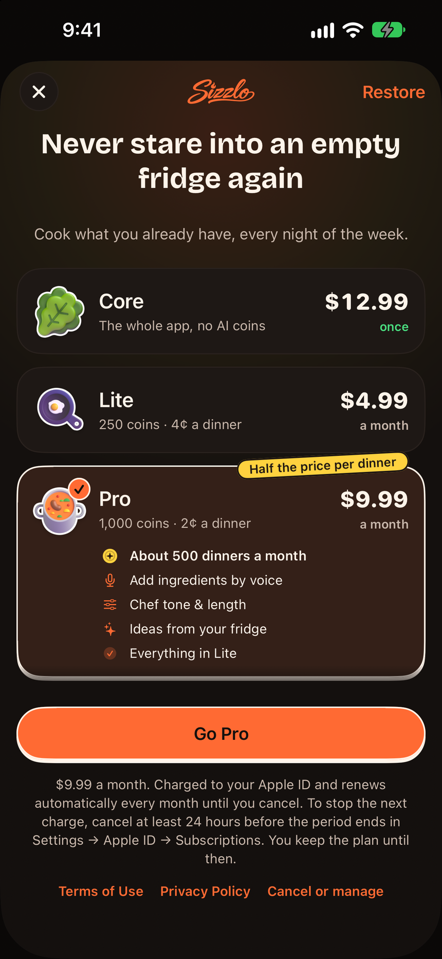 Sizzlo's plan screen: Core $12.99 once, Lite $4.99 a month with 250 coins, and Pro $9.99 a month with 1,000 coins, picked.