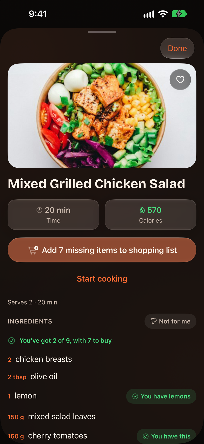 A Sizzlo recipe, Mixed Grilled Chicken Salad: 20 minutes, 570 calories, and a button to add the 7 missing items to the shopping list.