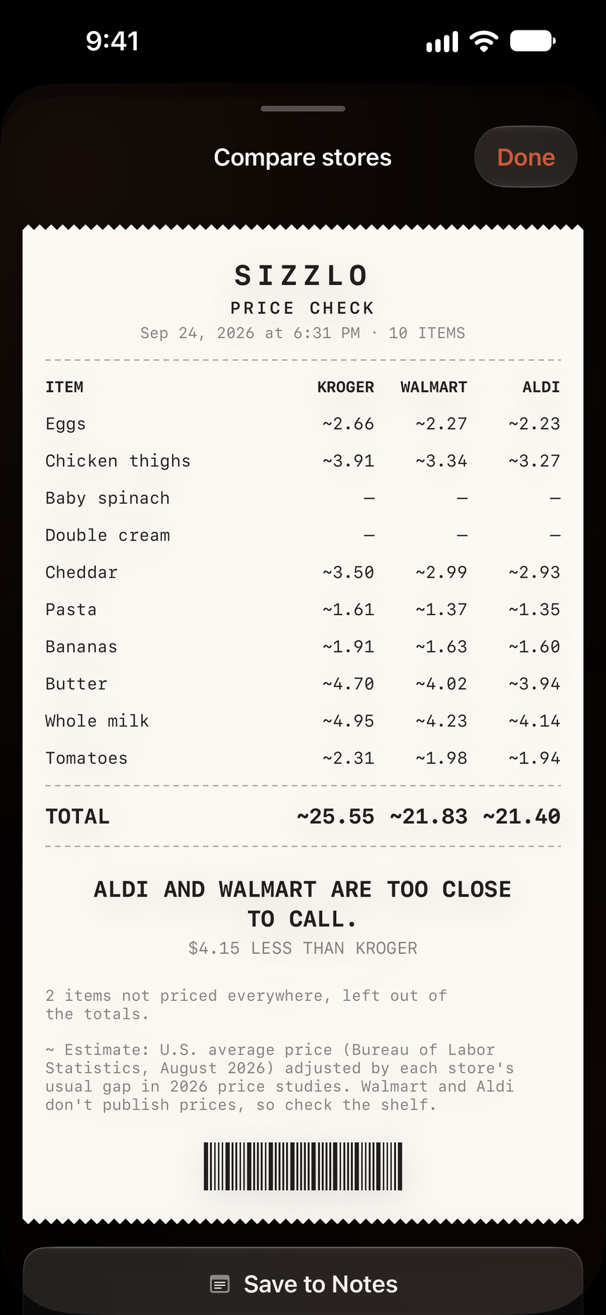 Sizzlo's store comparison: a receipt pricing ten items at Kroger, Walmart and Aldi.