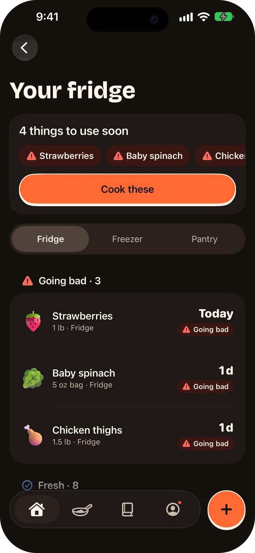 Sizzlo's fridge screen: four things to use soon, with strawberries, baby spinach and chicken thighs marked Going bad.